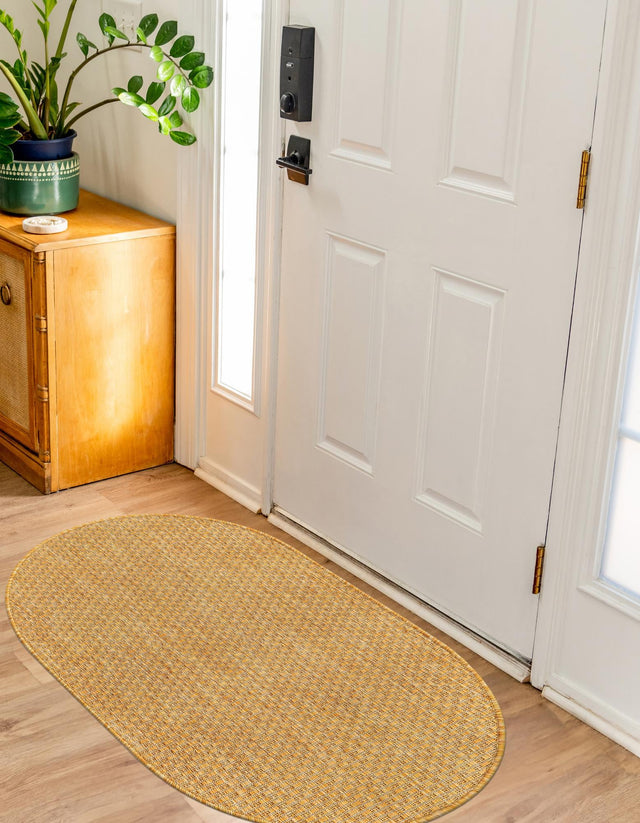 Corn Harvest Yellow 2' x 3' 1 Outdoor Solid Oval Area Rug Weather Resistant for Patio, Deck, Terrace, Balcony, Porch 100% Polypropylene Minimalist Waterproof Carpet for Sale at Rug Engine