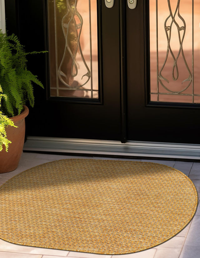 Corn Harvest Yellow 2' x 3' 1 Outdoor Solid Oval Area Rug Weather Resistant for Patio, Deck, Terrace, Balcony, Porch 100% Polypropylene Minimalist Waterproof Carpet for Sale at Rug Engine