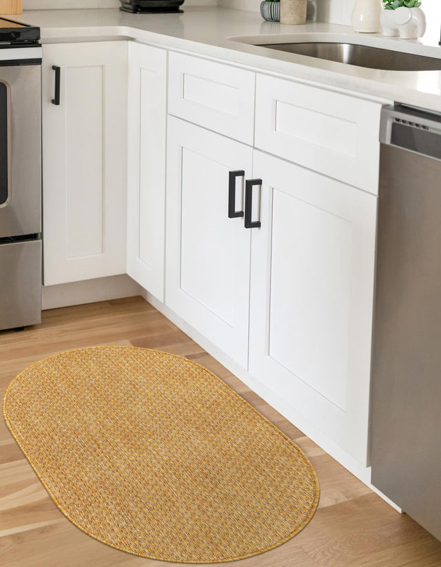 Corn Harvest Yellow 2' x 3' 1 Outdoor Solid Oval Area Rug Weather Resistant for Patio, Deck, Terrace, Balcony, Porch 100% Polypropylene Minimalist Waterproof Carpet for Sale at Rug Engine