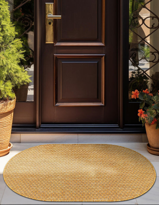 Corn Harvest Yellow 2' x 3' 1 Outdoor Solid Oval Area Rug Weather Resistant for Patio, Deck, Terrace, Balcony, Porch 100% Polypropylene Minimalist Waterproof Carpet for Sale at Rug Engine