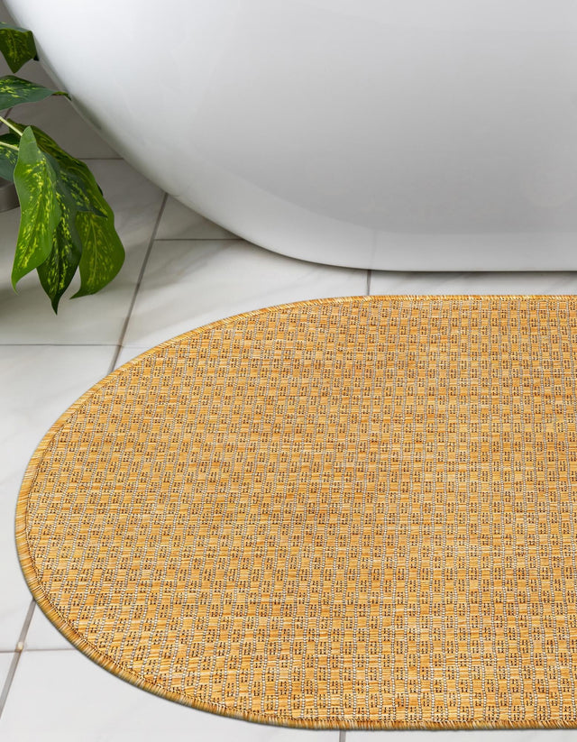 Corn Harvest Yellow 2' x 3' 1 Outdoor Solid Oval Area Rug Weather Resistant for Patio, Deck, Terrace, Balcony, Porch 100% Polypropylene Minimalist Waterproof Carpet for Sale at Rug Engine