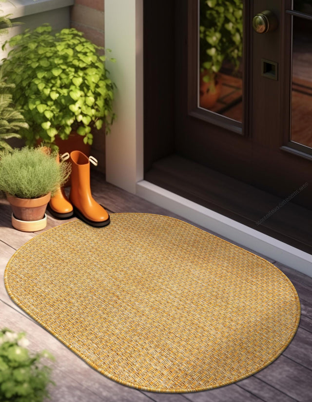 Corn Harvest Yellow 2' x 3' 1 Outdoor Solid Oval Area Rug Weather Resistant for Patio, Deck, Terrace, Balcony, Porch 100% Polypropylene Minimalist Waterproof Carpet for Sale at Rug Engine