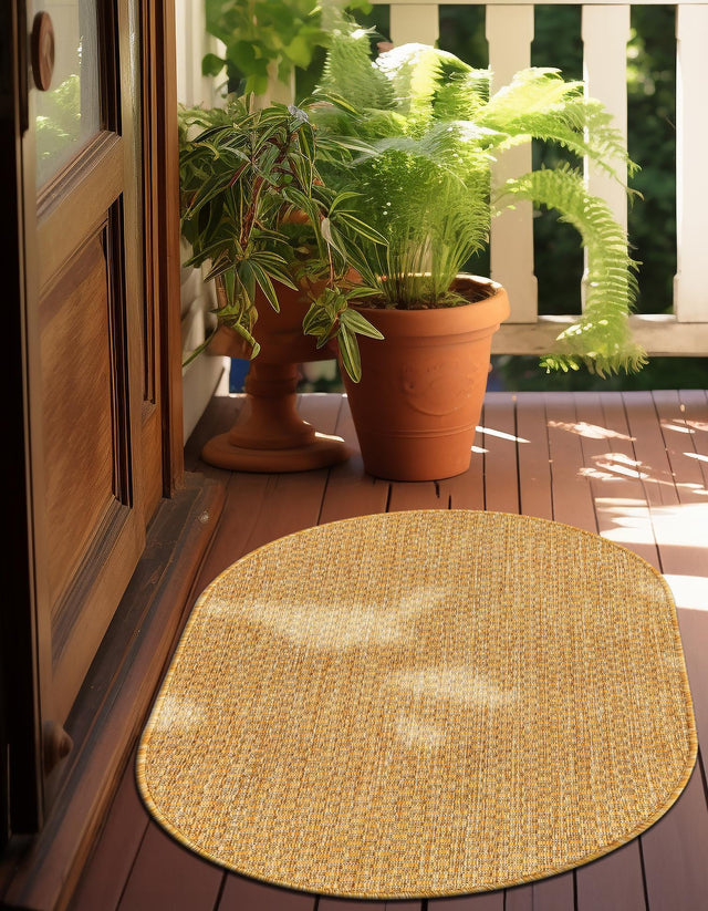 Corn Harvest Yellow 2' x 3' 1 Outdoor Solid Oval Area Rug Weather Resistant for Patio, Deck, Terrace, Balcony, Porch 100% Polypropylene Minimalist Waterproof Carpet for Sale at Rug Engine