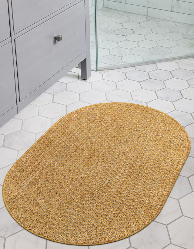 Corn Harvest Yellow 2' x 3' 1 Outdoor Solid Oval Area Rug Weather Resistant for Patio, Deck, Terrace, Balcony, Porch 100% Polypropylene Minimalist Waterproof Carpet for Sale at Rug Engine