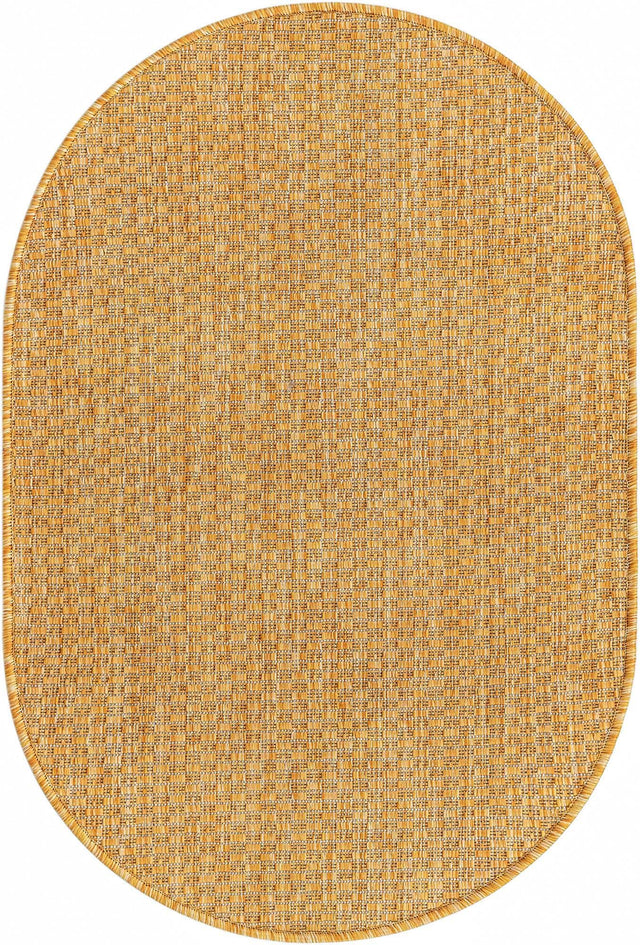 Corn Harvest Yellow 2' x 3' 1 Outdoor Solid Oval Area Rug Weather Resistant for Patio, Deck, Terrace, Balcony, Porch 100% Polypropylene Minimalist Waterproof Carpet for Sale at Rug Engine