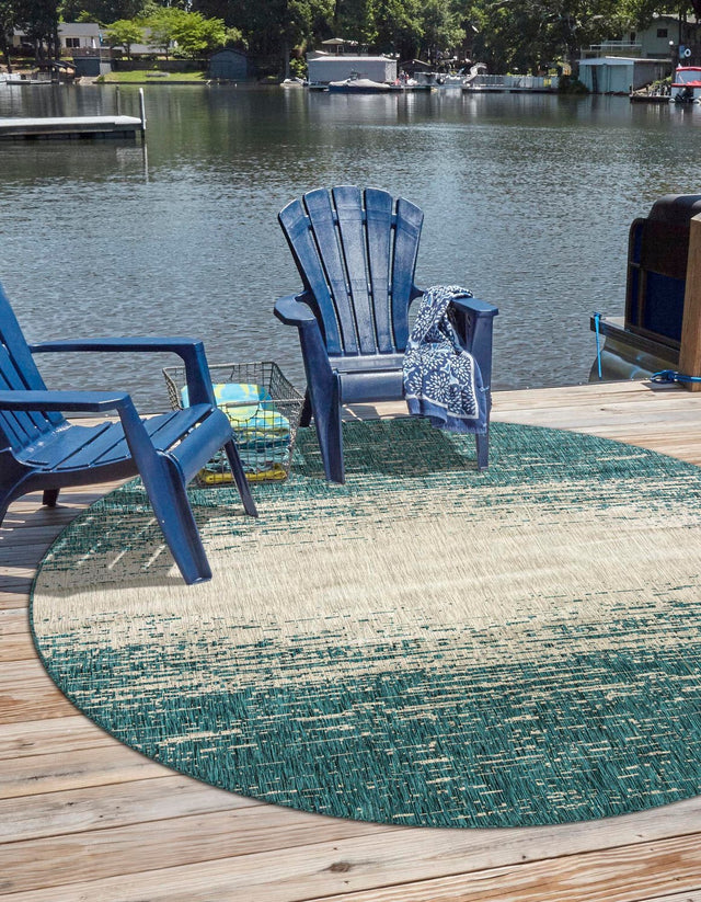 Teal 13' x 13' Outdoor Modern Round Area Rug Weather Resistant for Patio, Deck, Terrace, Balcony, Porch 100% Polypropylene Modern Outside Carpet for Sale at Rug Engine