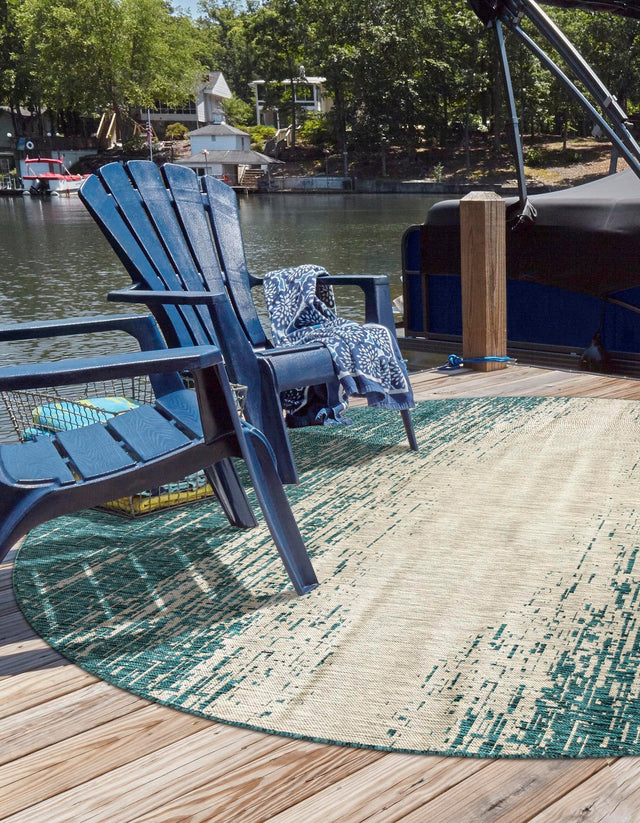 Teal 10' 8 x 10' 8 Outdoor Modern Round Area Rug Weather Resistant for Patio, Deck, Terrace, Balcony, Porch 100% Polypropylene Modern Outside Carpet for Sale at Rug Engine