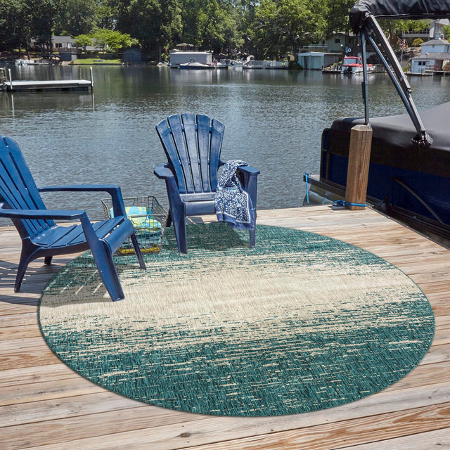 Teal 13' x 13' Outdoor Modern Round Area Rug Weather Resistant for Patio, Deck, Terrace, Balcony, Porch 100% Polypropylene Modern Outside Carpet for Sale at Rug Engine