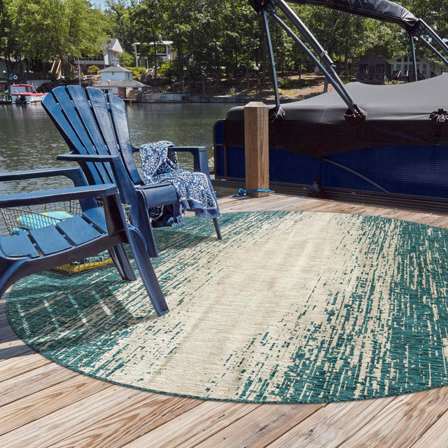 Teal 13' x 13' Outdoor Modern Round Area Rug Weather Resistant for Patio, Deck, Terrace, Balcony, Porch 100% Polypropylene Modern Outside Carpet for Sale at Rug Engine