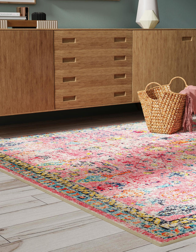 Pink 5' 3 x 5' 3 Monterey Square Area Rug 100% Polypropylene Colorful Easy Clean Traditional Carpet for Living Room, Bedrooms, Dining, Kitchen for Sale at Rug Engine