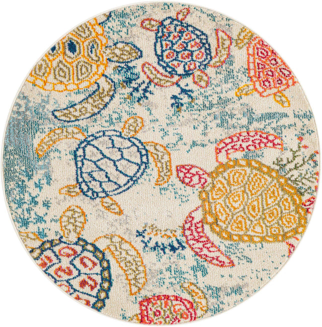 Beige 3' 3 x 3' 3 Positano Round Area Rug Coastal Marine Beach Design Carpet for Modern Living Rooms, Dining, Bedroom, Office for Sale at Rug Engine