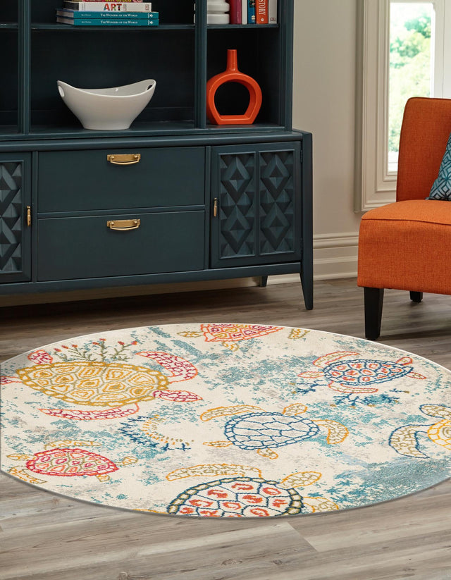 Beige 3' 3 x 3' 3 Positano Round Area Rug Coastal Marine Beach Design Carpet for Modern Living Rooms, Dining, Bedroom, Office for Sale at Rug Engine