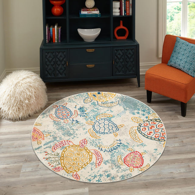 Beige 6' 1 x 6' 1 Positano Round Area Rug Coastal Marine Beach Design Carpet for Modern Living Rooms, Dining, Bedroom, Office for Sale at Rug Engine