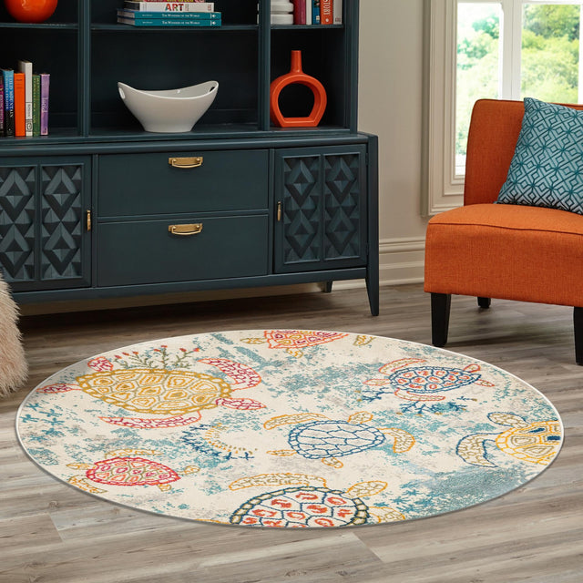 Beige 6' 1 x 6' 1 Positano Round Area Rug Coastal Marine Beach Design Carpet for Modern Living Rooms, Dining, Bedroom, Office for Sale at Rug Engine