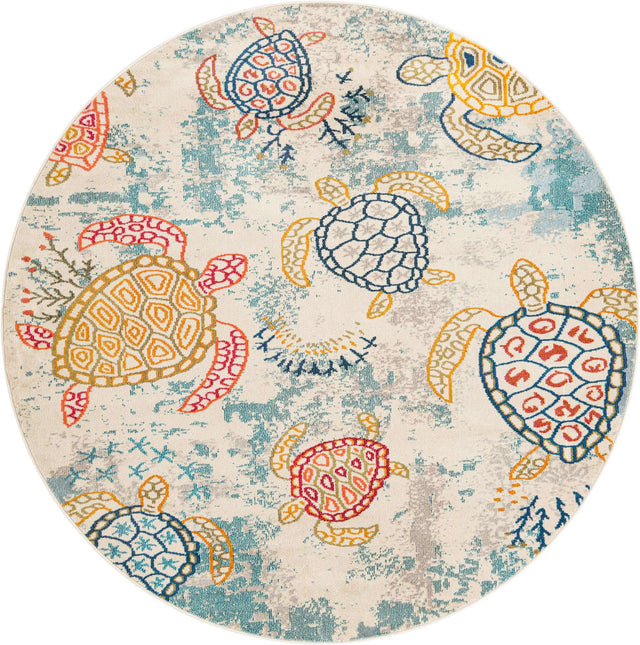 Beige 7' 10 x 7' 10 Positano Round Area Rug Coastal Marine Beach Design Carpet for Modern Living Rooms, Dining, Bedroom, Office for Sale at Rug Engine