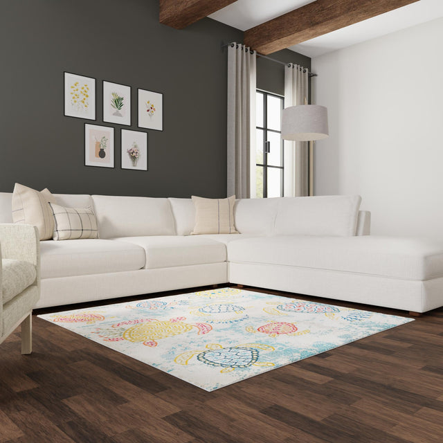 Beige 6' 1 x 6' 1 Positano Square Area Rug Coastal Marine Beach Design Carpet for Modern Living Rooms, Dining, Bedroom, Office for Sale at Rug Engine