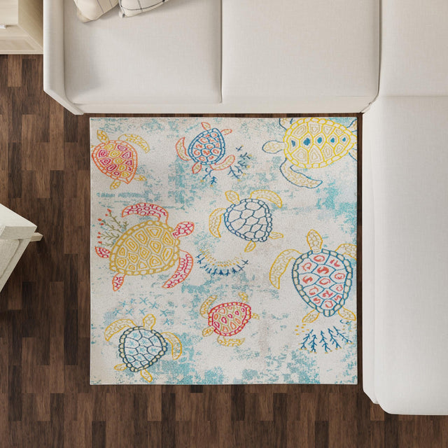 Beige 6' 1 x 6' 1 Positano Square Area Rug Coastal Marine Beach Design Carpet for Modern Living Rooms, Dining, Bedroom, Office for Sale at Rug Engine