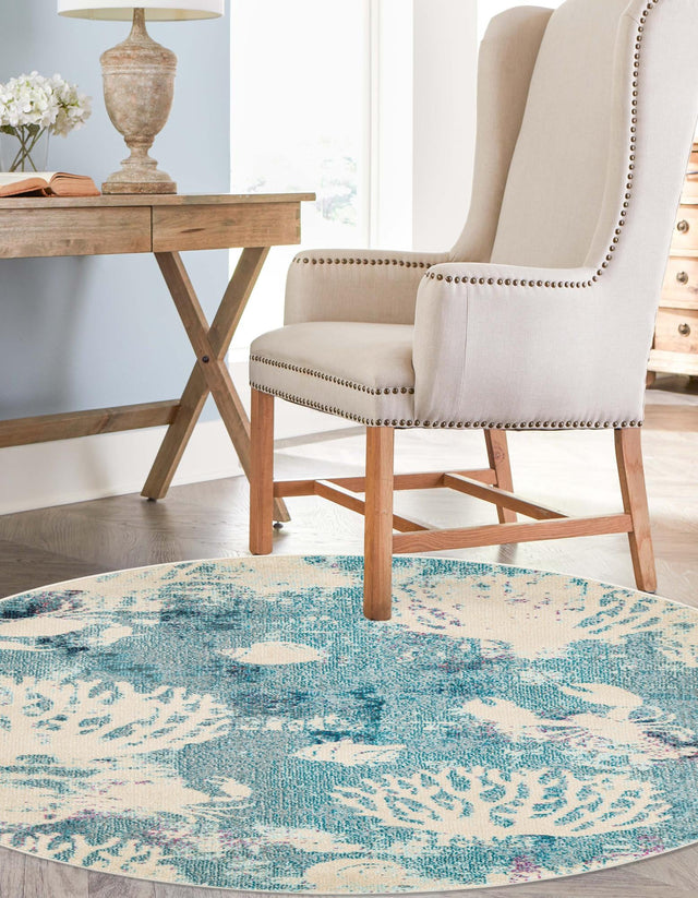 Light Blue 3' 3 x 3' 3 Positano Round Area Rug Coastal Marine Beach Design Carpet for Modern Living Rooms, Dining, Bedroom, Office for Sale at Rug Engine