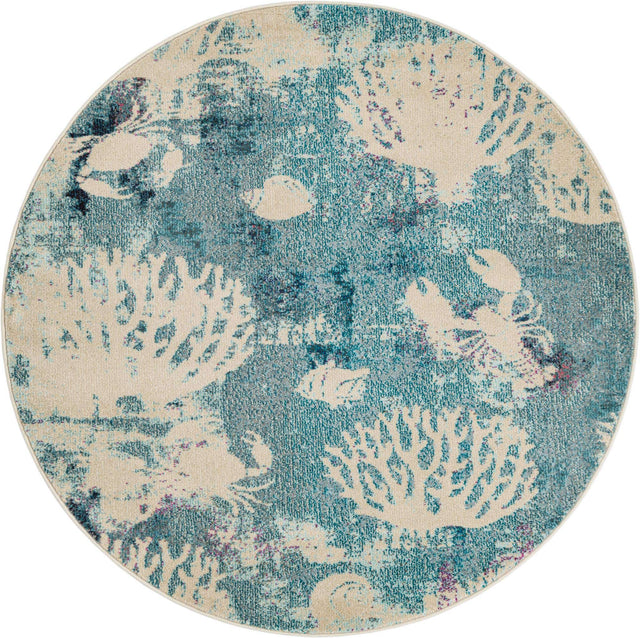 Light Blue 5' 3 x 5' 3 Positano Round Area Rug Coastal Marine Beach Design Carpet for Modern Living Rooms, Dining, Bedroom, Office for Sale at Rug Engine