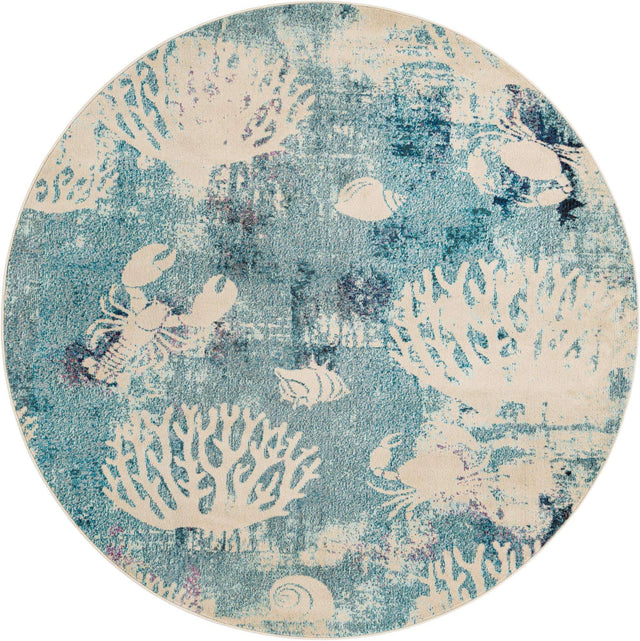 Light Blue 7' 10 x 7' 10 Positano Round Area Rug Coastal Marine Beach Design Carpet for Modern Living Rooms, Dining, Bedroom, Office for Sale at Rug Engine