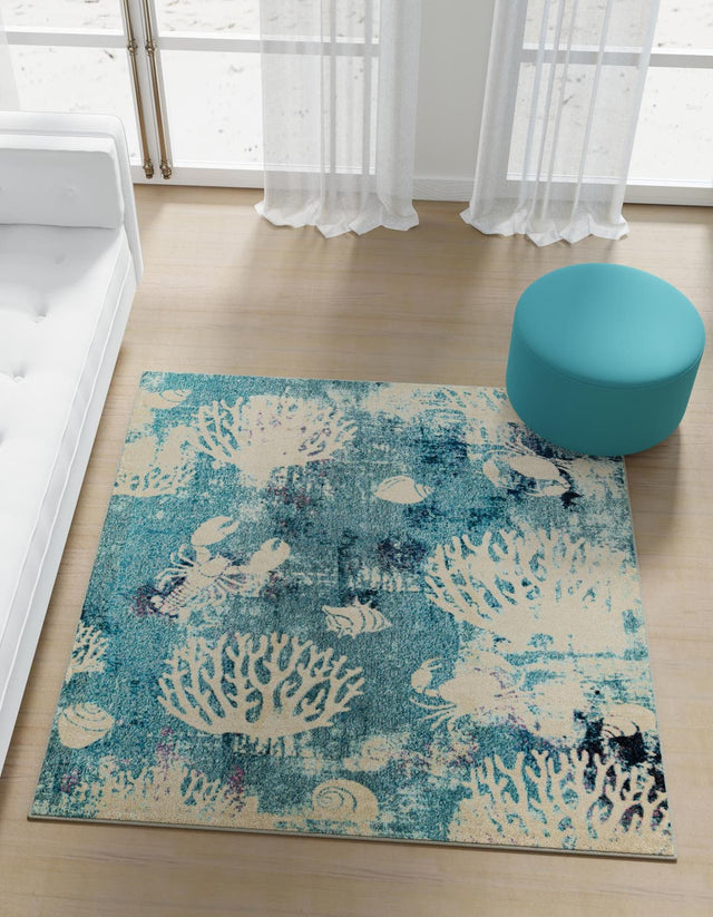 Light Blue 4' 1 x 4' 1 Positano Square Area Rug Coastal Marine Beach Design Carpet for Modern Living Rooms, Dining, Bedroom, Office for Sale at Rug Engine