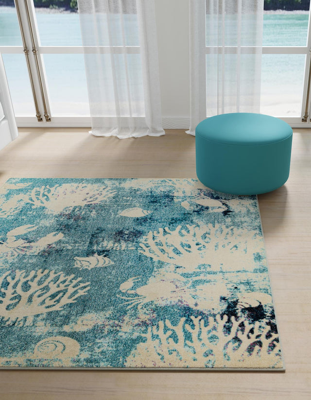 Light Blue 10' x 10' Positano Square Area Rug Coastal Marine Beach Design Carpet for Modern Living Rooms, Dining, Bedroom, Office for Sale at Rug Engine