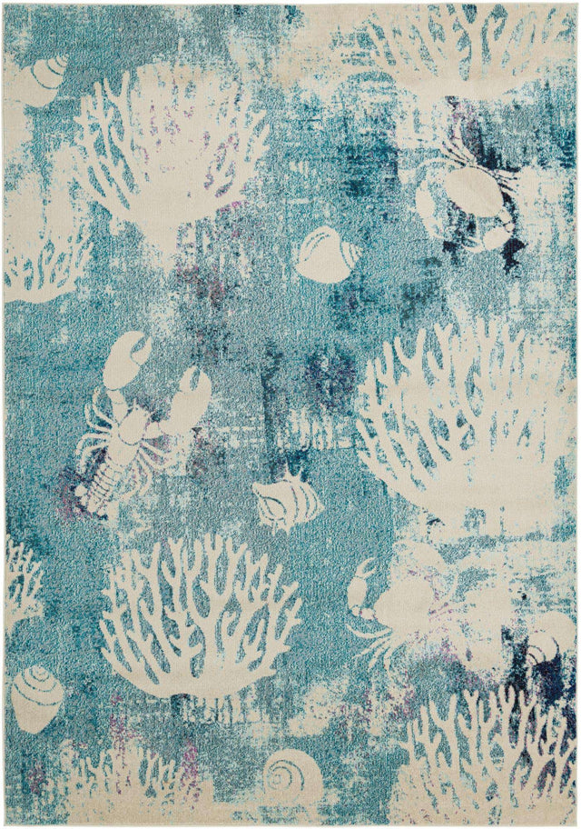 Light Blue 7' 10 x 11' Positano Rectangle Area Rug Coastal Marine Beach Design Carpet for Modern Living Rooms, Dining, Bedroom, Office for Sale at Rug Engine