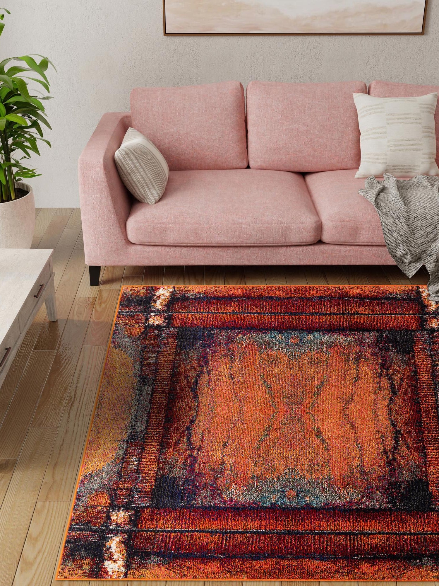 Orange 7' 10 x 7' 10 Estrella Square Area Rug 100% Polypropylene Non-Shedding Stain Resistant Carpet Colorful Modern Abstract Design Easy Clean for Home Decor for Sale at Rug Engine