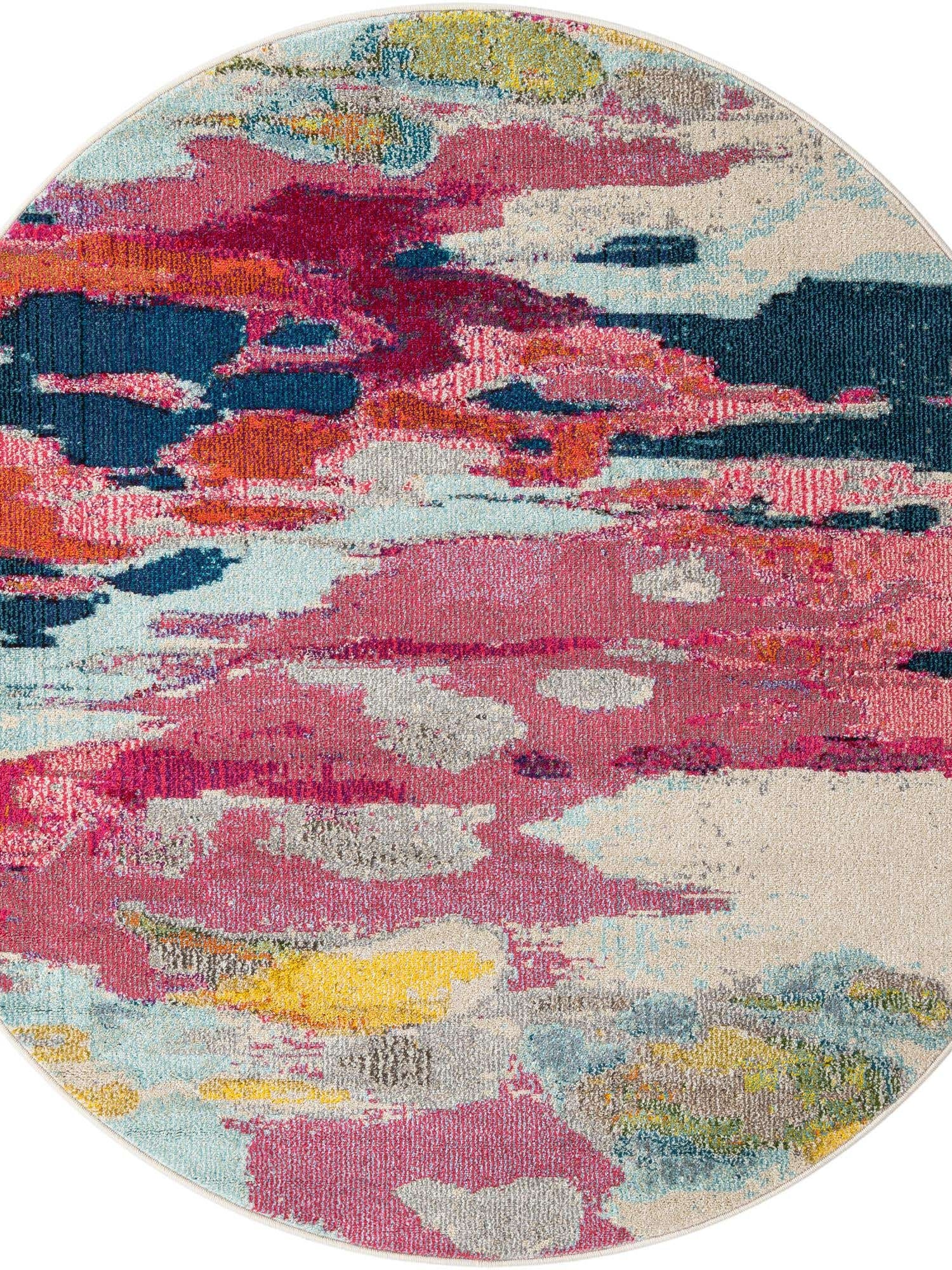 Pink 5' 3 x 5' 3 Estrella Round Area Rug 100% Polypropylene Non-Shedding Stain Resistant Carpet Colorful Modern Abstract Design Easy Clean for Home Decor for Sale at Rug Engine