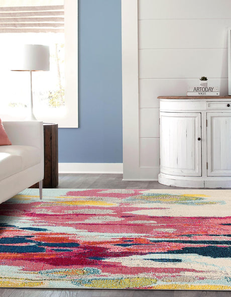 Pink 7' 10 x 7' 10 Estrella Square Area Rug 100% Polypropylene Non-Shedding Stain Resistant Carpet Colorful Modern Abstract Design Easy Clean for Home Decor for Sale at Rug Engine