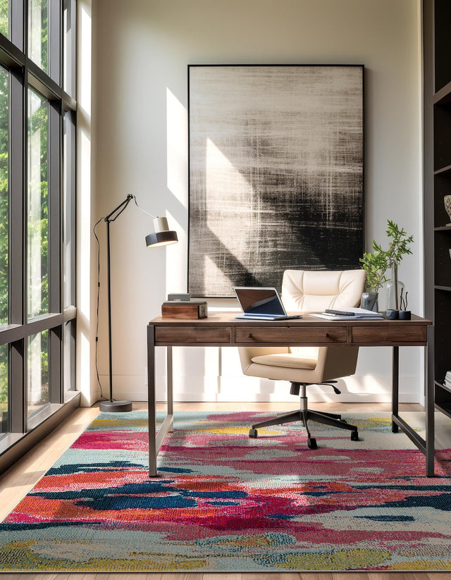 Pink 5' 3 x 5' 3 Estrella Square Area Rug 100% Polypropylene Non-Shedding Stain Resistant Carpet Colorful Modern Abstract Design Easy Clean for Home Decor for Sale at Rug Engine