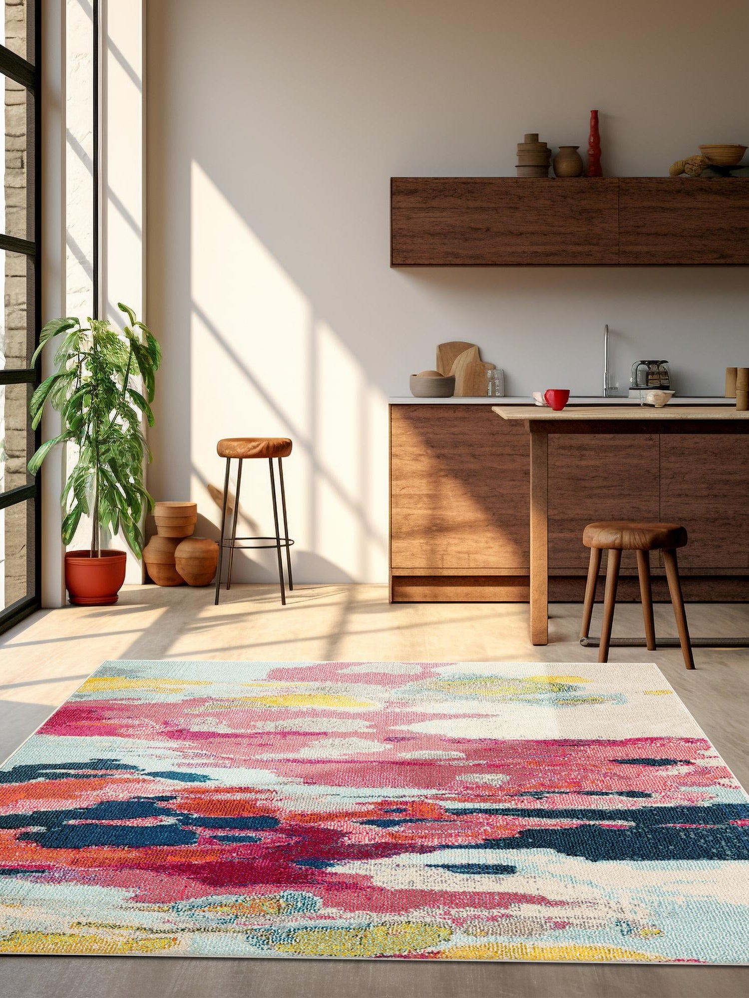 Pink 5' 3 x 5' 3 Estrella Square Area Rug 100% Polypropylene Non-Shedding Stain Resistant Carpet Colorful Modern Abstract Design Easy Clean for Home Decor for Sale at Rug Engine
