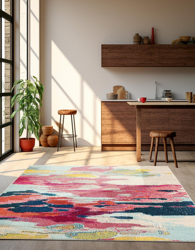 Pink 5' 3 x 5' 3 Estrella Square Area Rug 100% Polypropylene Non-Shedding Stain Resistant Carpet Colorful Modern Abstract Design Easy Clean for Home Decor for Sale at Rug Engine