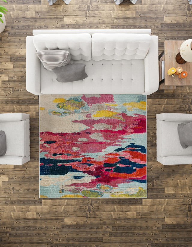 Pink 5' 3 x 5' 3 Estrella Square Area Rug 100% Polypropylene Non-Shedding Stain Resistant Carpet Colorful Modern Abstract Design Easy Clean for Home Decor for Sale at Rug Engine