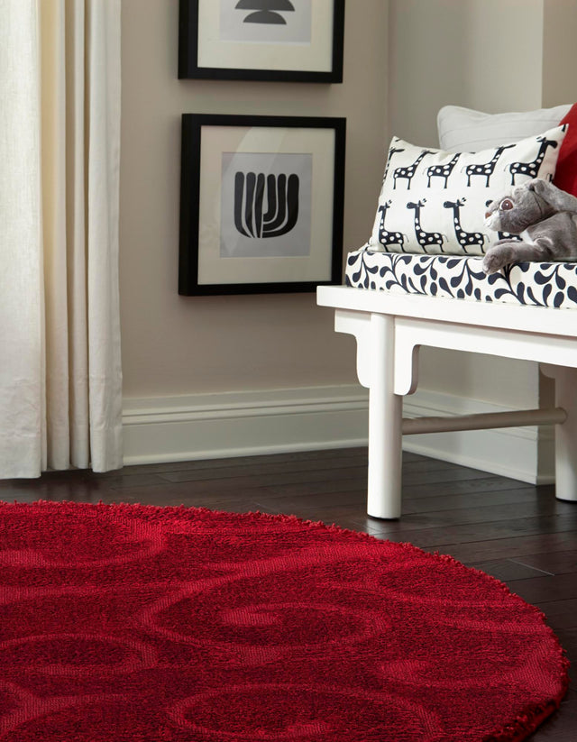 Red 5' 3 x 5' 3 Floral Shag Round Area Rug Thick Soft Touch Fluffy & Plush Shaggy Pile 100% Polyester With Cotton Backing Carpet for Interior Design for Sale at Rug Engine