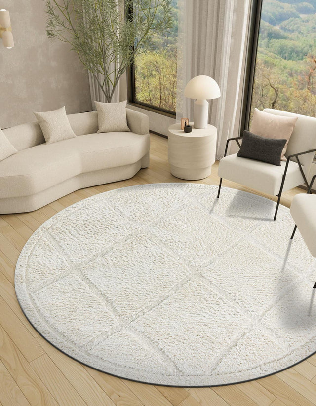Ivory 7' 10 x 7' 10 Trellis Shag Round Area Rug Thick Soft Touch Fluffy & Plush Shaggy Pile Geometric Modern Unique Carpet for Home Interior Design for Sale at Rug Engine