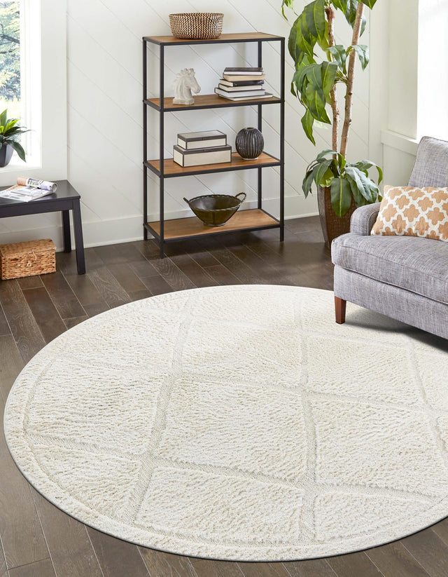 Ivory 7' 10 x 7' 10 Trellis Shag Round Area Rug Thick Soft Touch Fluffy & Plush Shaggy Pile Geometric Modern Unique Carpet for Home Interior Design for Sale at Rug Engine