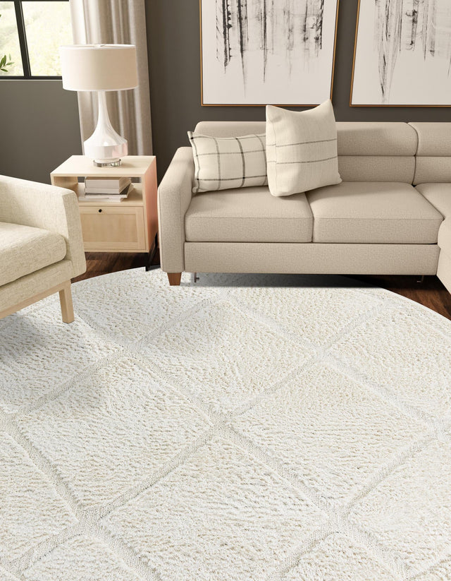 Ivory 5' 3 x 5' 3 Trellis Shag Round Area Rug Thick Soft Touch Fluffy & Plush Shaggy Pile Geometric Modern Unique Carpet for Home Interior Design for Sale at Rug Engine