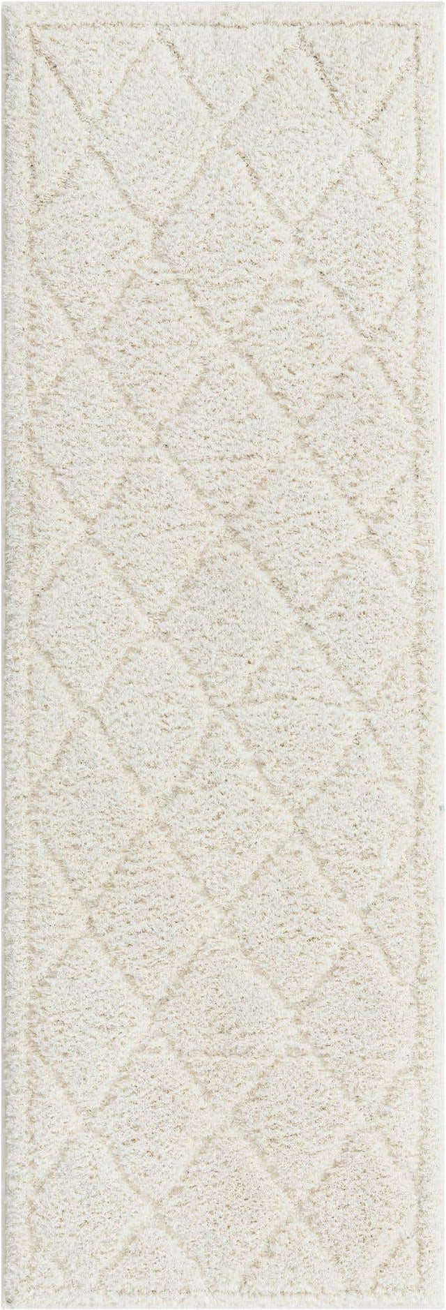 Ivory 2' x 8' Trellis Shag Runner Area Rug Thick Soft Touch Fluffy & Plush Shaggy Pile Geometric Modern Unique Carpet for Home Interior Design for Sale at Rug Engine