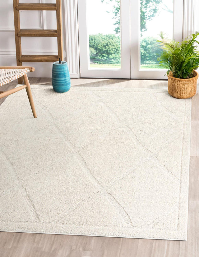 Ivory 7' 10 x 7' 10 Trellis Shag Square Area Rug Thick Soft Touch Fluffy & Plush Shaggy Pile Geometric Modern Unique Carpet for Home Interior Design for Sale at Rug Engine