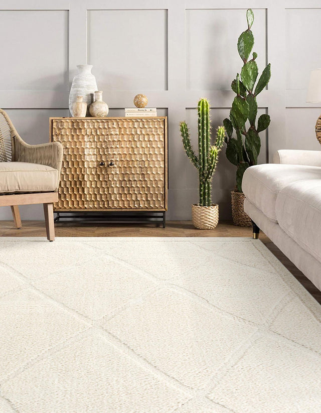 Ivory 7' 10 x 7' 10 Trellis Shag Square Area Rug Thick Soft Touch Fluffy & Plush Shaggy Pile Geometric Modern Unique Carpet for Home Interior Design for Sale at Rug Engine