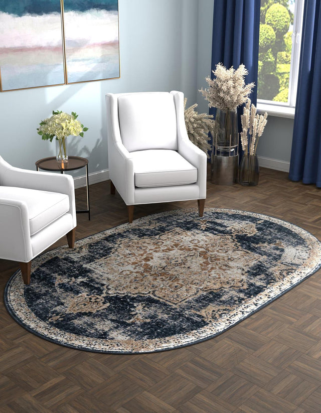 Dark Blue 5' 3 x 8' Chateau Oval Area Rug 85% Polypropylene & 15% Chenille With Cotton Backing Traditional Vintage Distressed Carpet for Classical Interior Design Decorating for Sale at Rug Engine