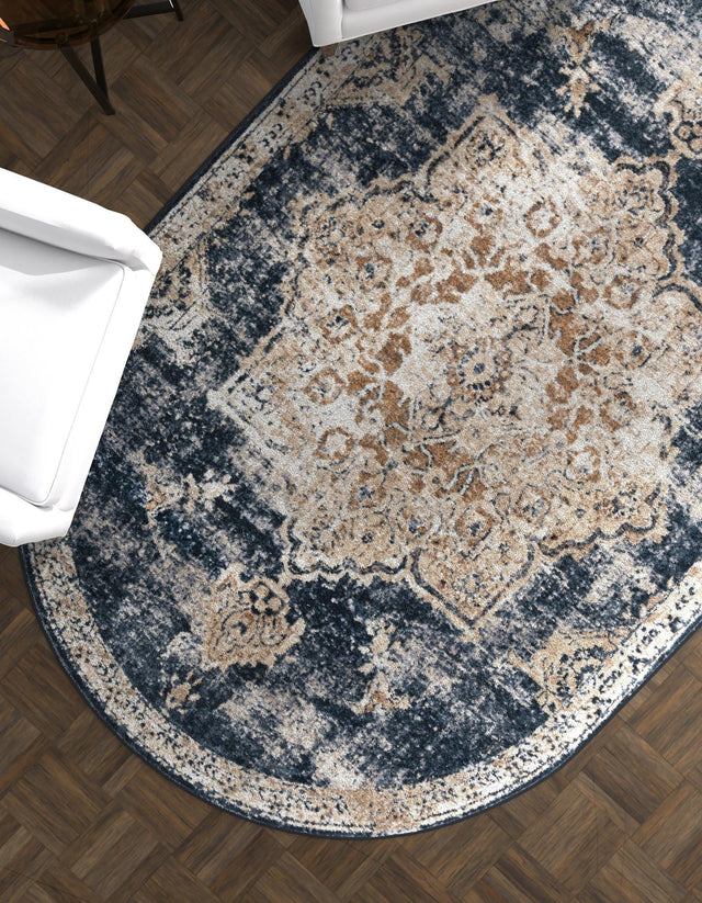 Dark Blue 5' 3 x 8' Chateau Oval Area Rug 85% Polypropylene & 15% Chenille With Cotton Backing Traditional Vintage Distressed Carpet for Classical Interior Design Decorating for Sale at Rug Engine