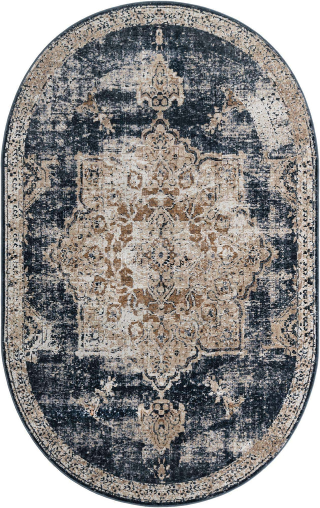 Dark Blue 5' 3 x 8' Chateau Oval Area Rug 85% Polypropylene & 15% Chenille With Cotton Backing Traditional Vintage Distressed Carpet for Classical Interior Design Decorating for Sale at Rug Engine