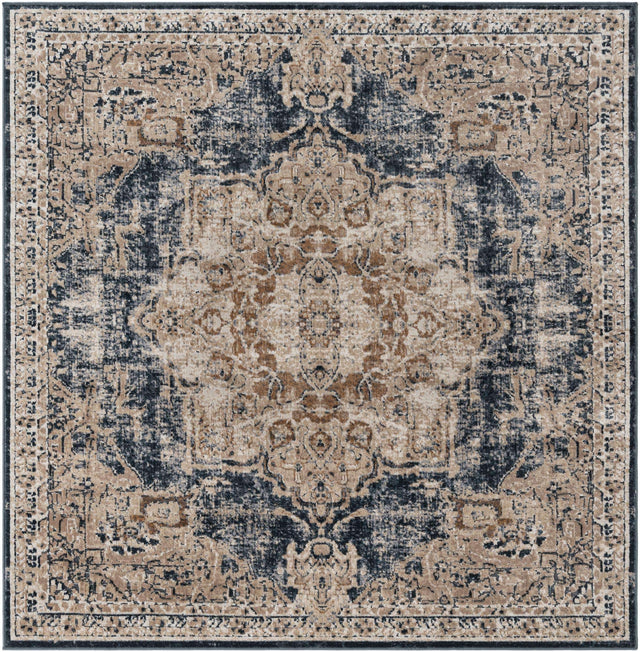 Dark Blue 6' 1 x 6' 1 Chateau Square Area Rug 85% Polypropylene & 15% Chenille With Cotton Backing Traditional Vintage Distressed Carpet for Classical Interior Design Decorating for Sale at Rug Engine