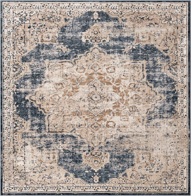 Dark Blue 7' 10 x 7' 10 Chateau Square Area Rug 85% Polypropylene & 15% Chenille With Cotton Backing Traditional Vintage Distressed Carpet for Classical Interior Design Decorating for Sale at Rug Engine