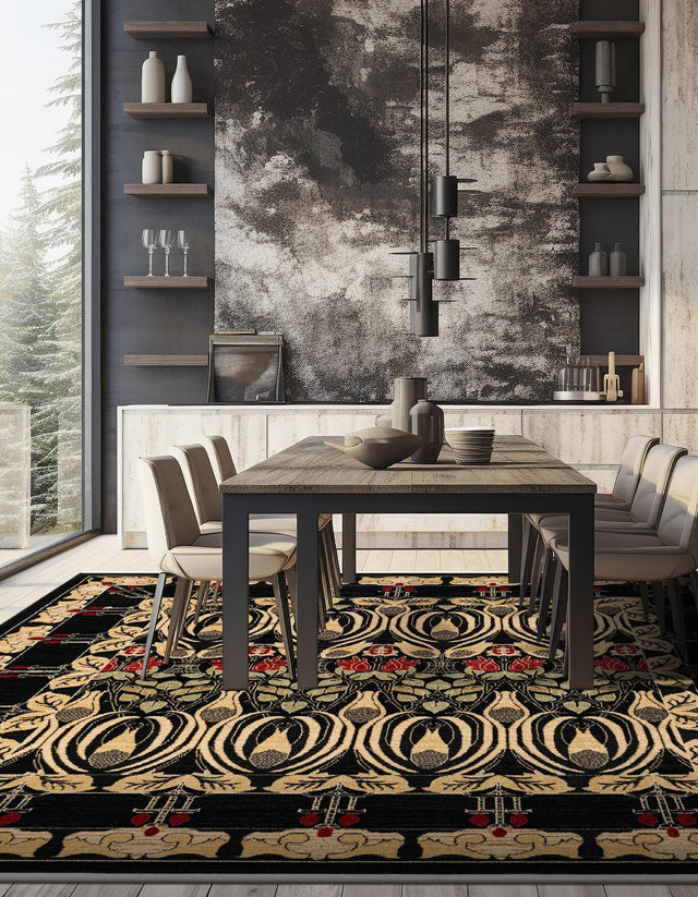 Black 8' x 8' Edinburgh Square Area Rug 100% Polypropylene Easy Clean With Cotton Backing Traditional Classic Design Carpet for Living, Dining Room, Office for Sale at Rug Engine