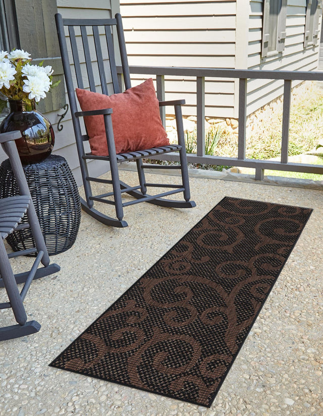 Chocolate Brown 2' x 6' 1 Outdoor Botanical Runner Area Rug Weather Resistant for Patio, Deck, Terrace, Balcony, Porch Polypropylene Garden Floral Tropical Carpet for Sale at Rug Engine
