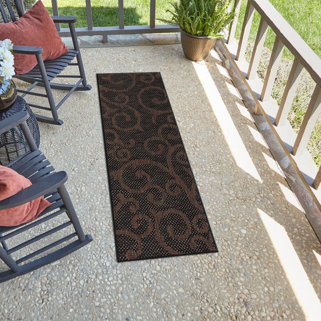 Chocolate Brown 2' x 6' 1 Outdoor Botanical Runner Area Rug Weather Resistant for Patio, Deck, Terrace, Balcony, Porch Polypropylene Garden Floral Tropical Carpet for Sale at Rug Engine