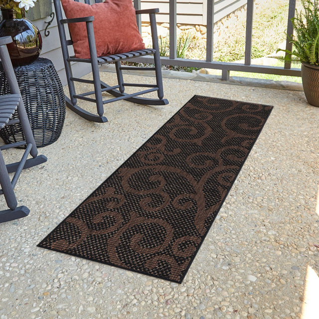 Chocolate Brown 2' x 6' 1 Outdoor Botanical Runner Area Rug Weather Resistant for Patio, Deck, Terrace, Balcony, Porch Polypropylene Garden Floral Tropical Carpet for Sale at Rug Engine